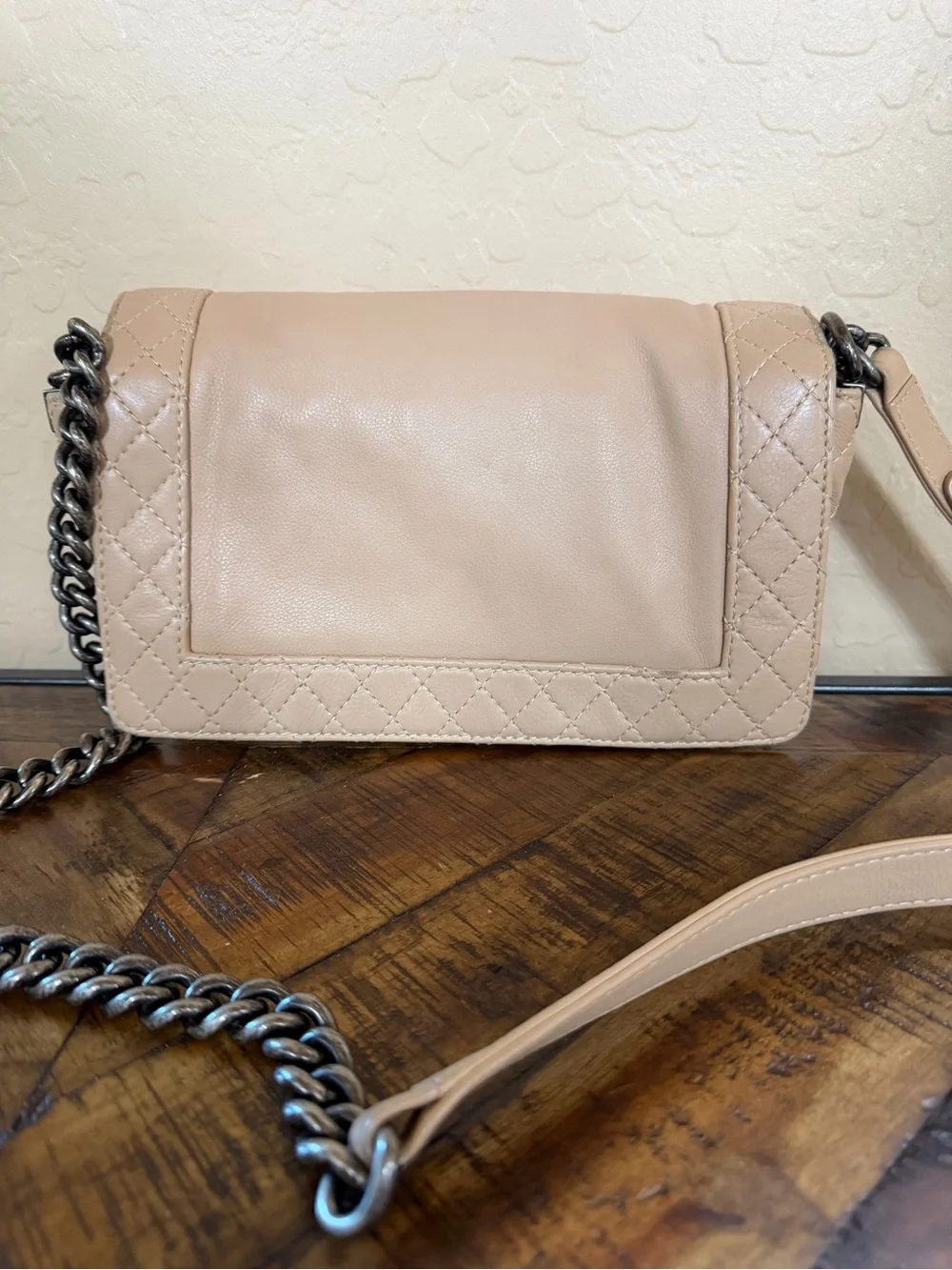 AUTHENTIC Chanel Medium Boy Bag in Beige Nude Lambskin with Gunmetal Hardware